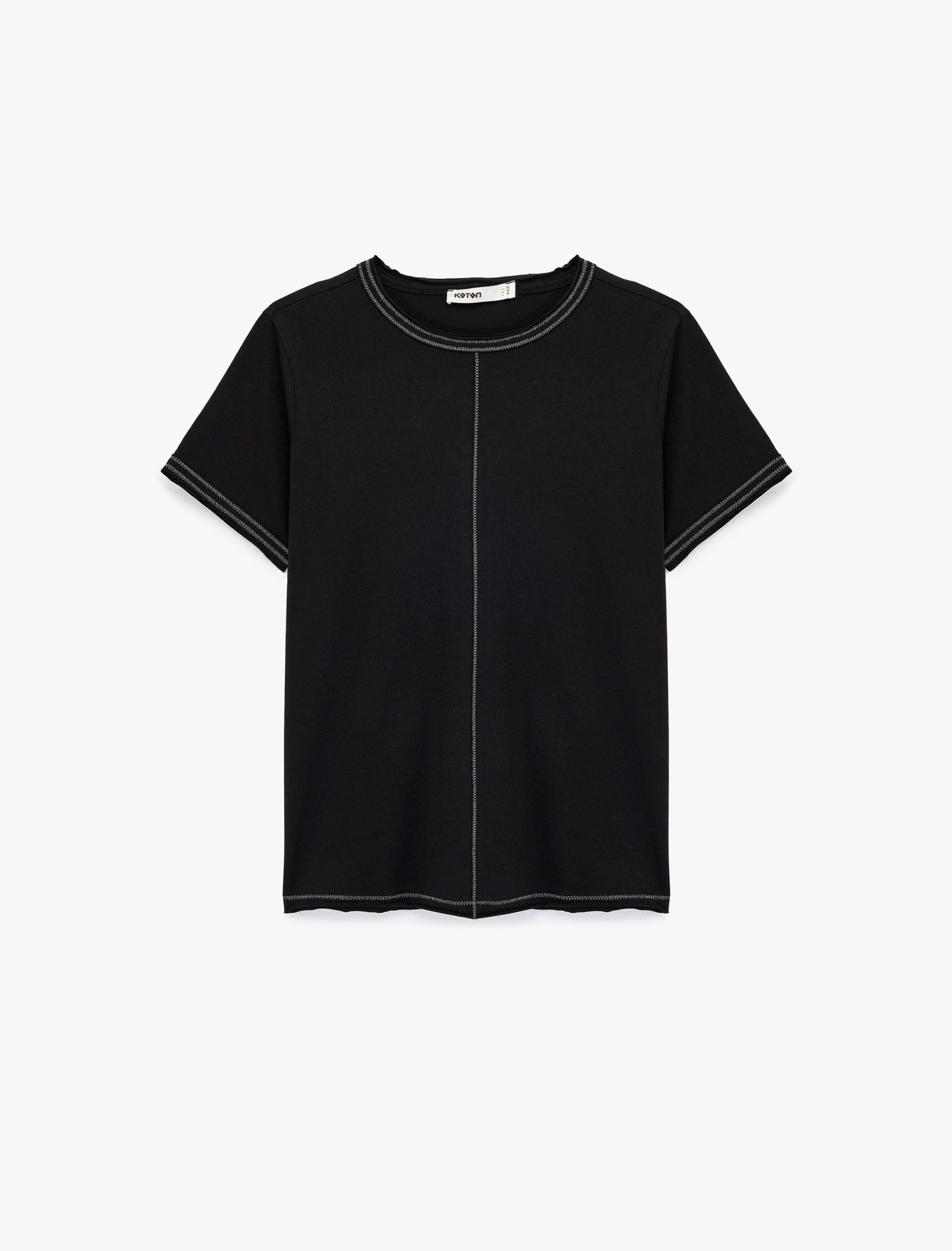   Pamuklu Kısa Kollu Bisiklet Yaka Dikiş Detaylı Tişört