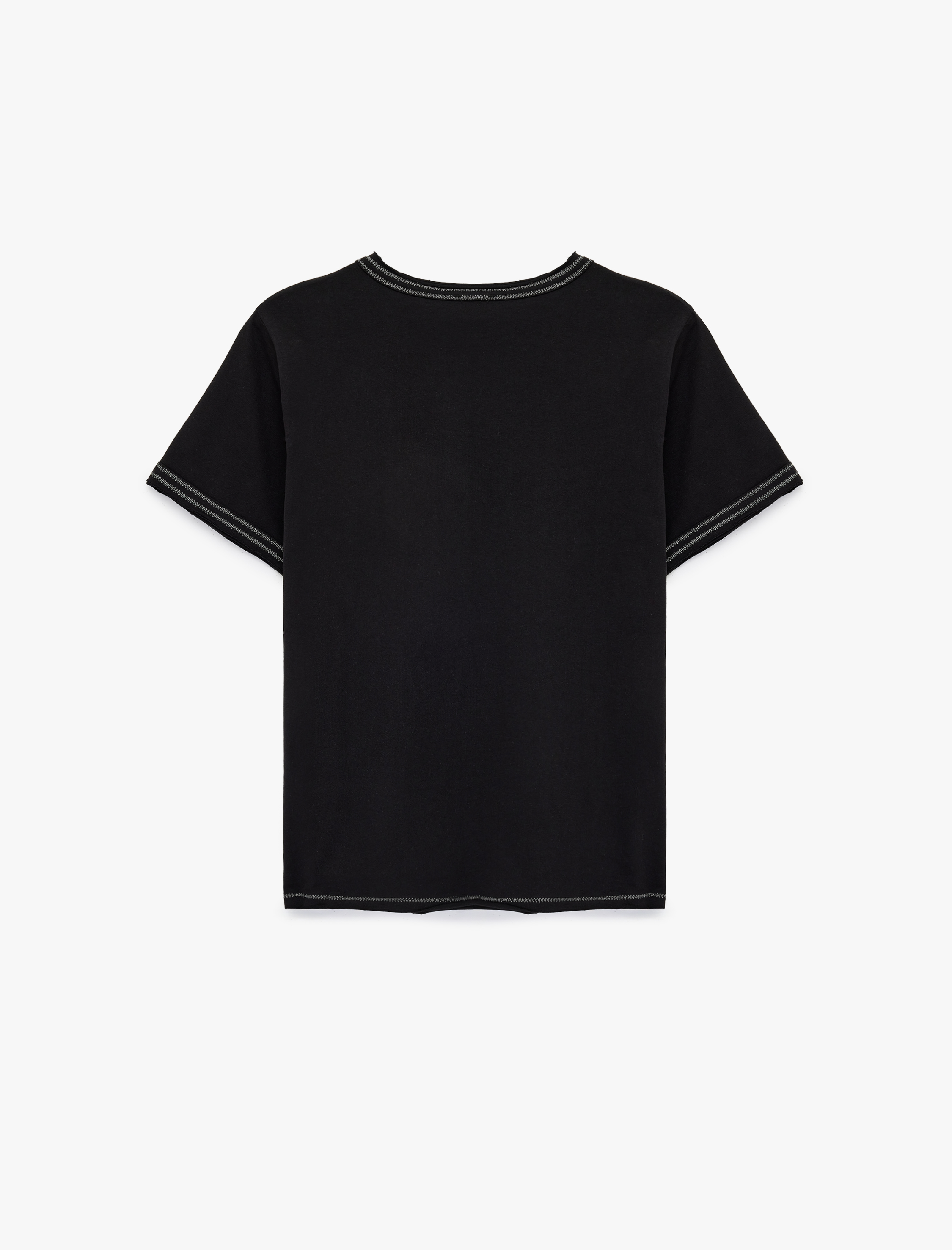   Pamuklu Kısa Kollu Bisiklet Yaka Dikiş Detaylı Tişört