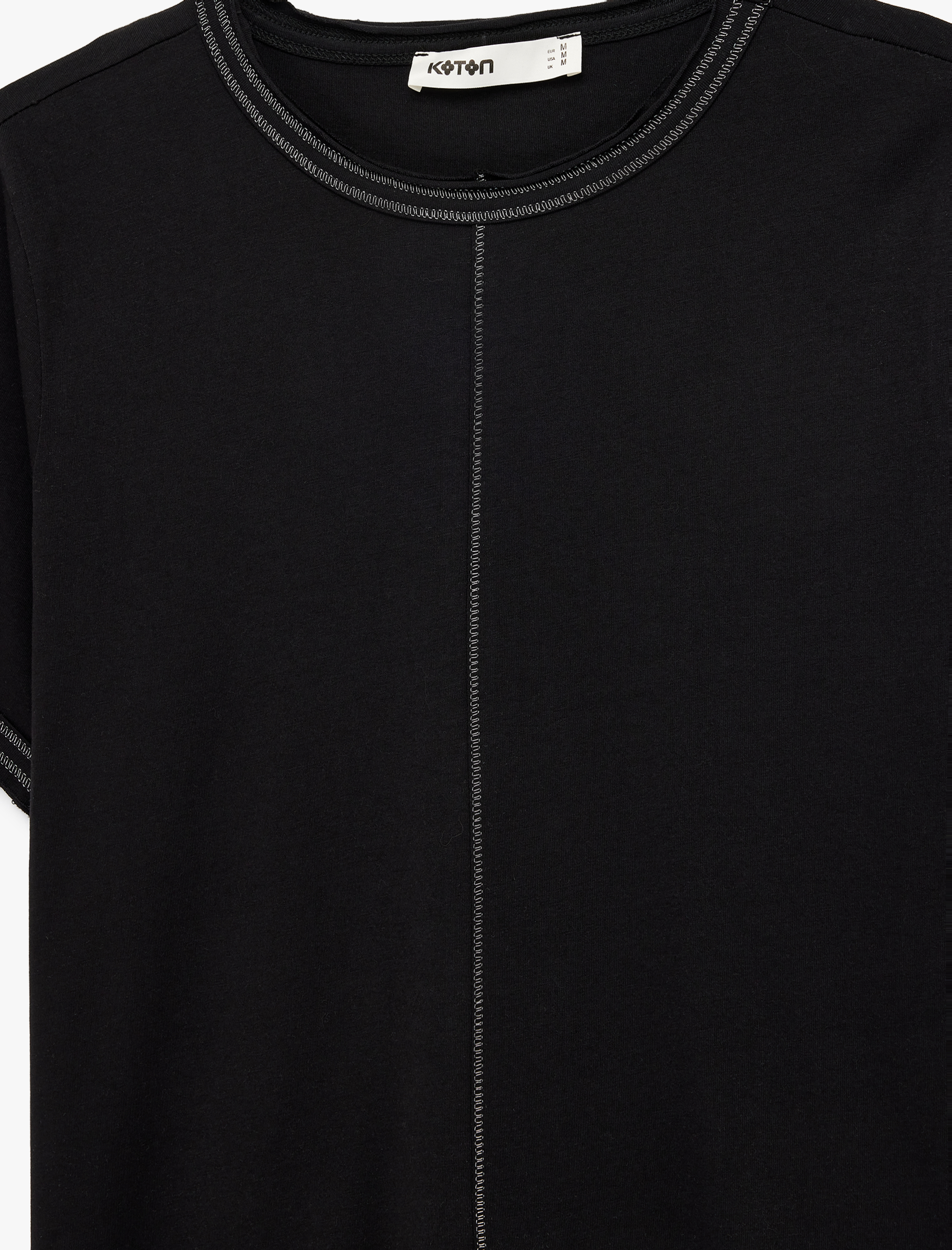   Pamuklu Kısa Kollu Bisiklet Yaka Dikiş Detaylı Tişört