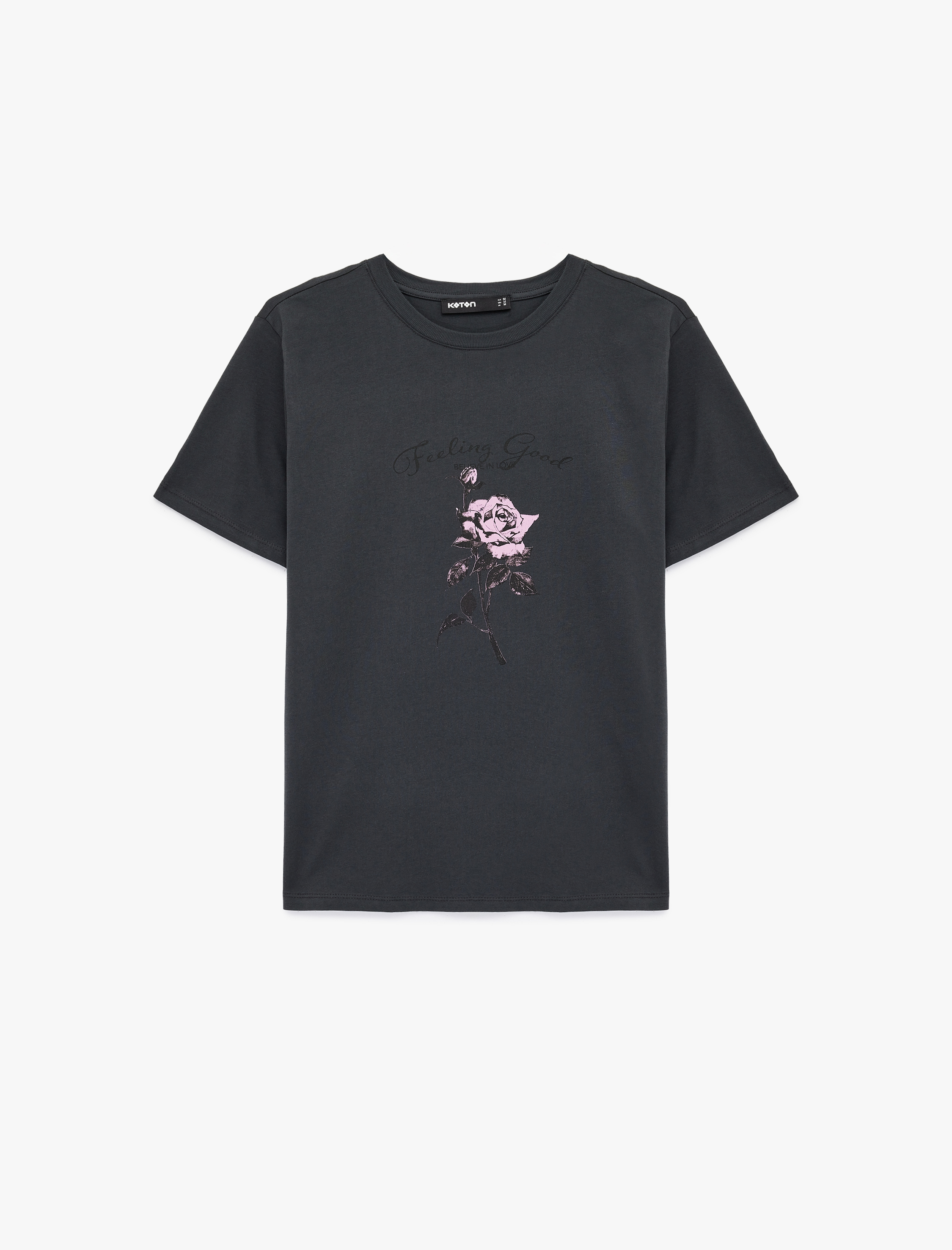   Pamuklu Kısa Kollu Bisiklet Yaka Gül Çiçek Baskılı Tişört