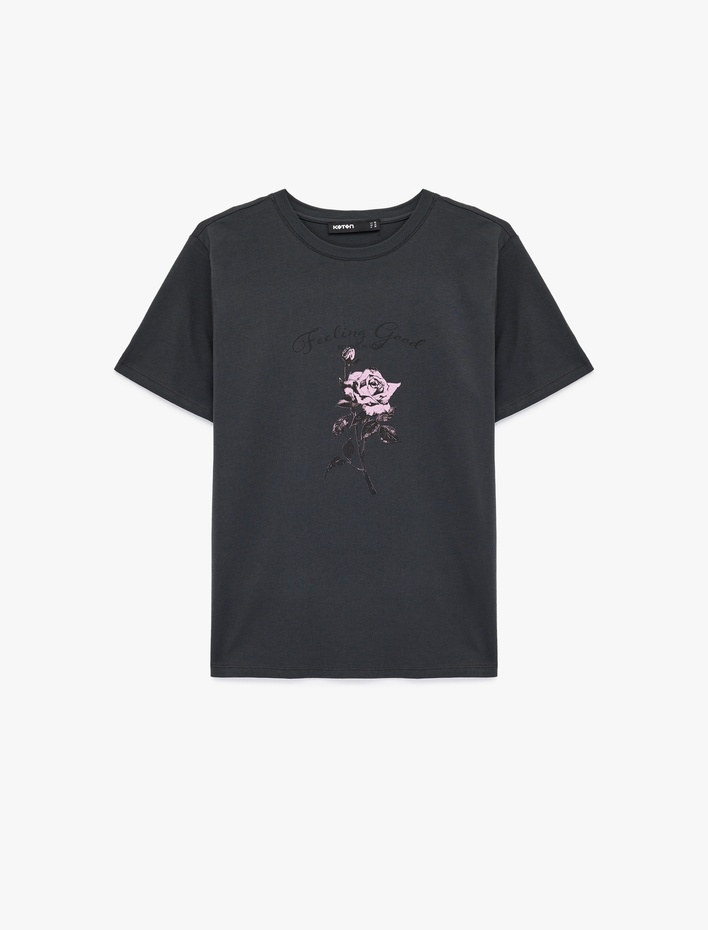  Pamuklu Kısa Kollu Bisiklet Yaka Gül Çiçek Baskılı Tişört