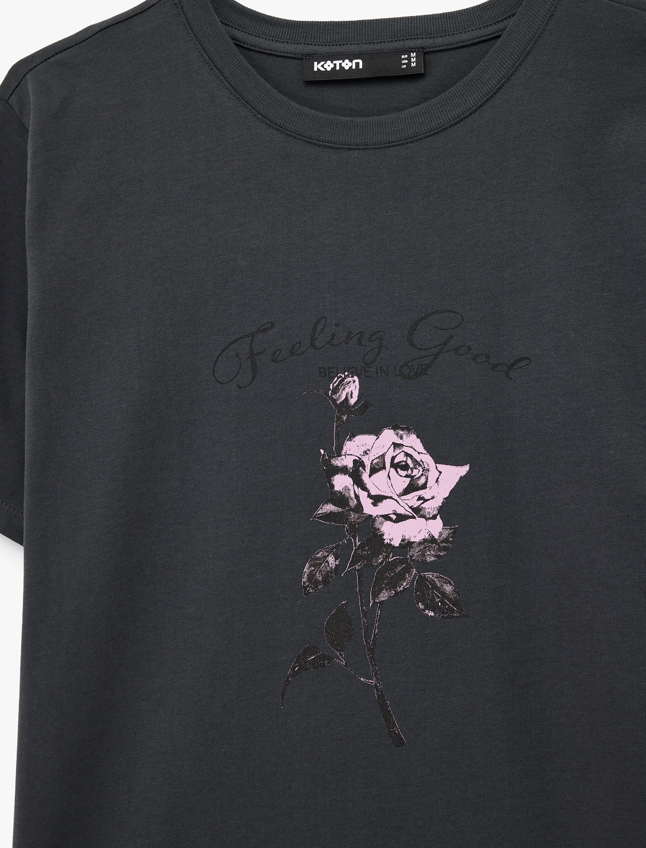   Pamuklu Kısa Kollu Bisiklet Yaka Gül Çiçek Baskılı Tişört