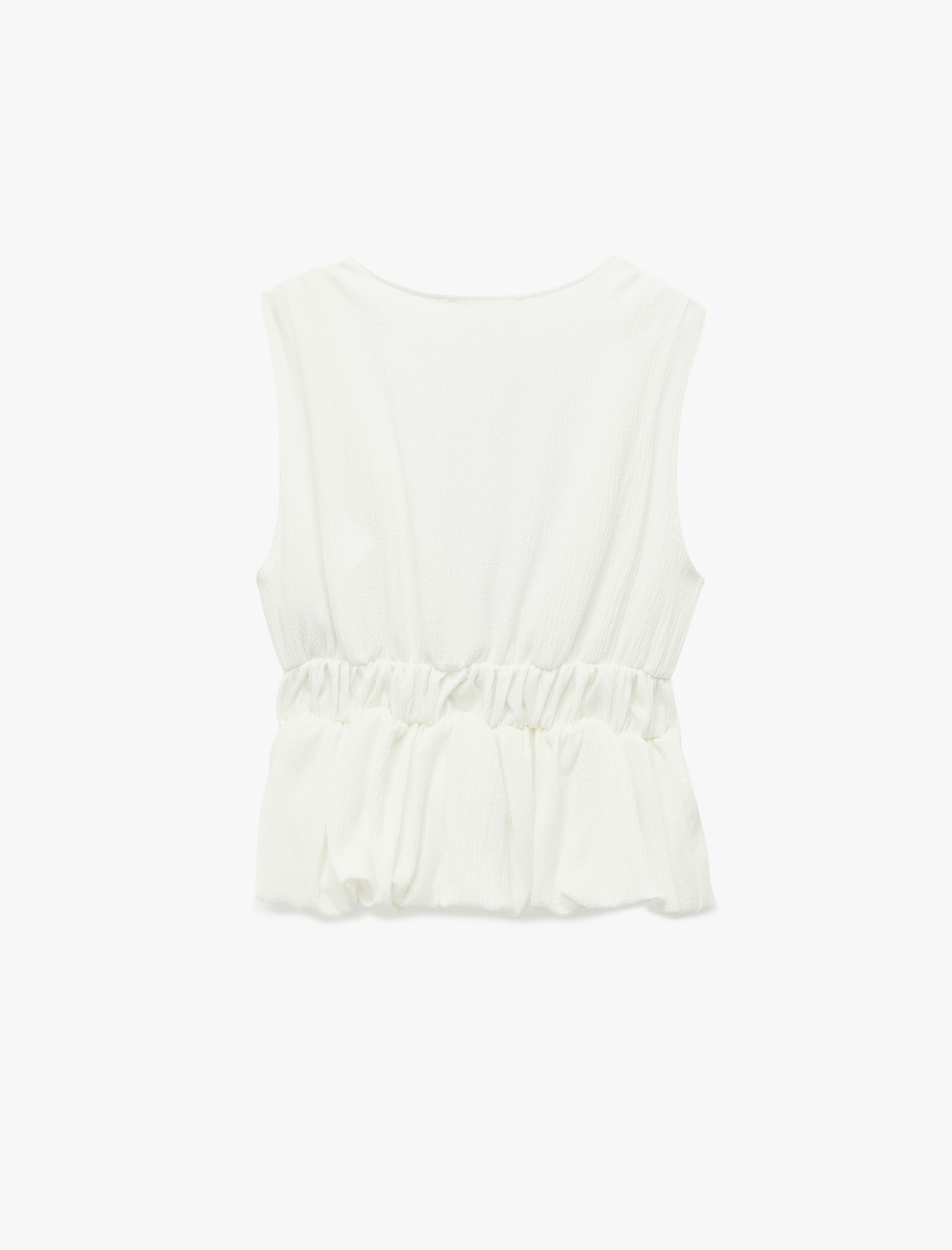   Slim Fit Beli Lastikli Yuvarlak Yaka Fiyonklu Kolsuz Bluz