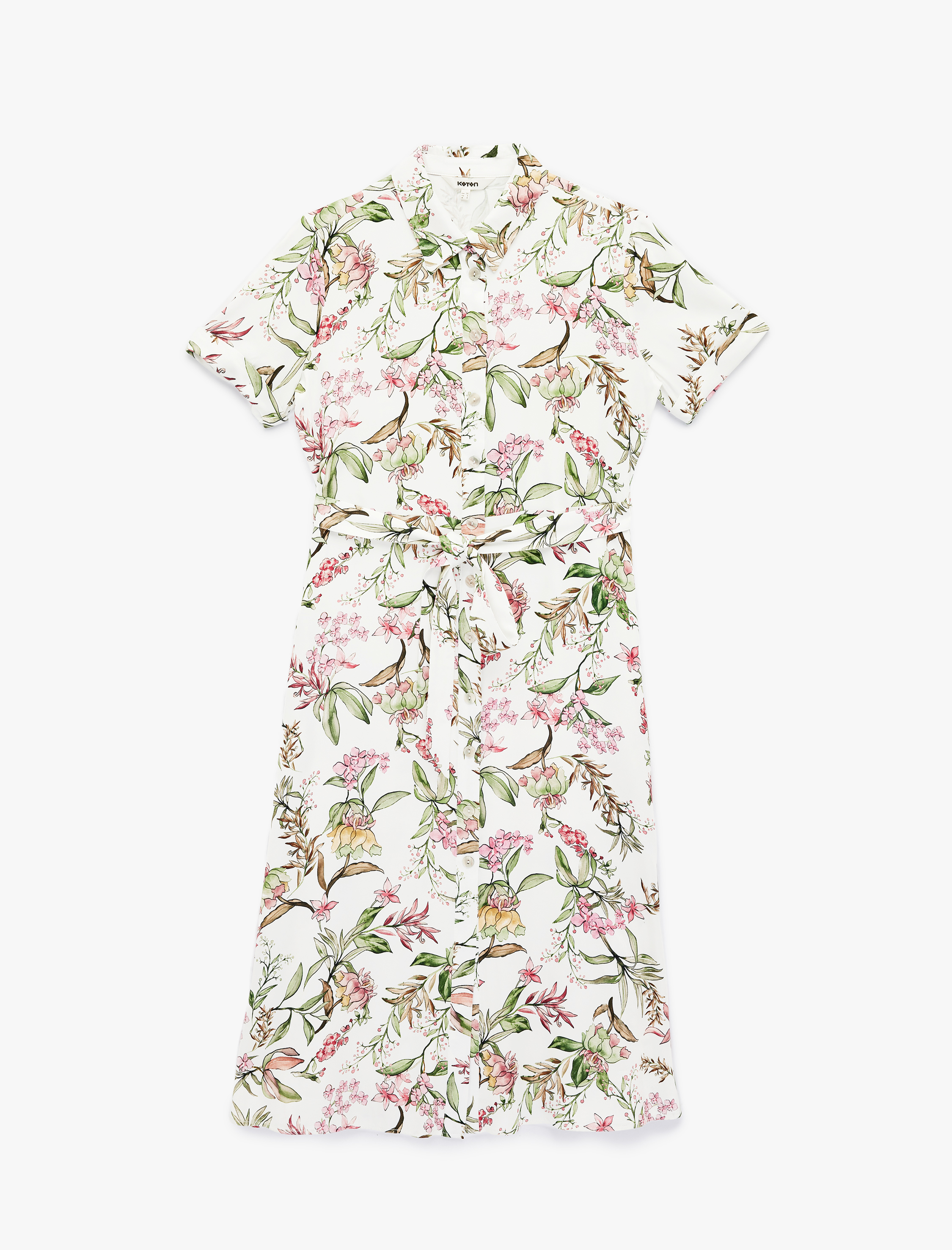   Kısa Kollu Gömlek Yaka Cepli Kemerli Viskon Çiçekli Gömlek Elbise