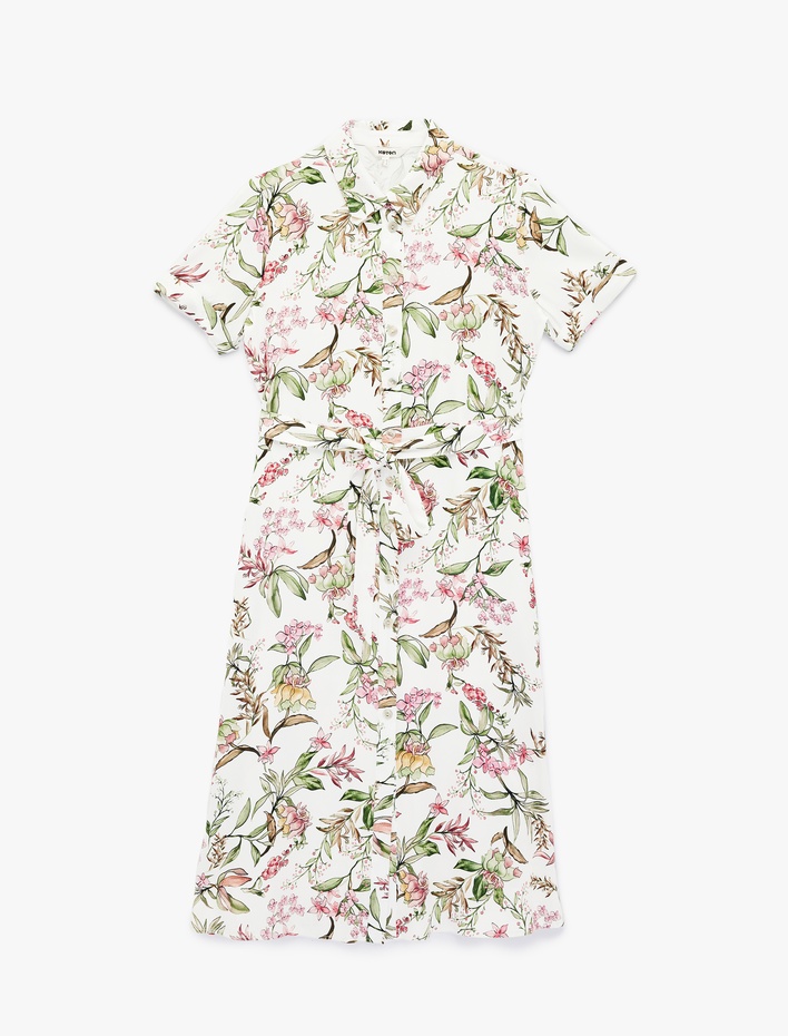  Kısa Kollu Gömlek Yaka Cepli Kemerli Viskon Çiçekli Gömlek Elbise