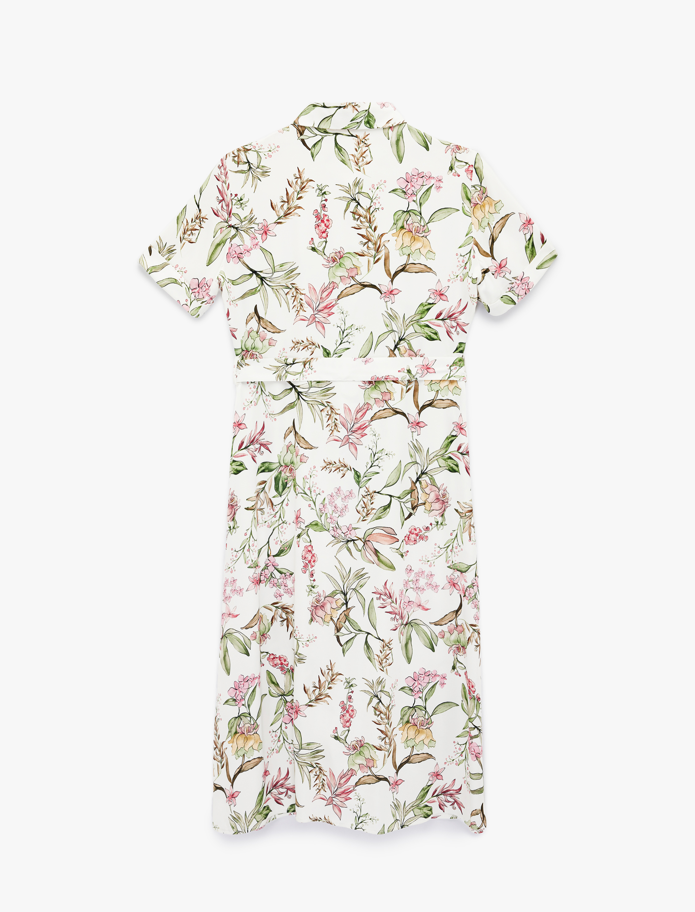   Kısa Kollu Gömlek Yaka Cepli Kemerli Viskon Çiçekli Gömlek Elbise