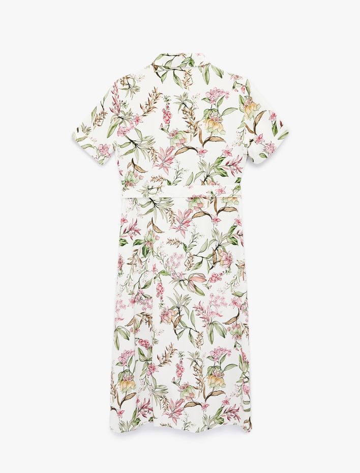  Kısa Kollu Gömlek Yaka Cepli Kemerli Viskon Çiçekli Gömlek Elbise