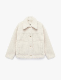 Düğmeli Uzun Kollu Cep Detaylı Klasik Yaka Peluş Ceket