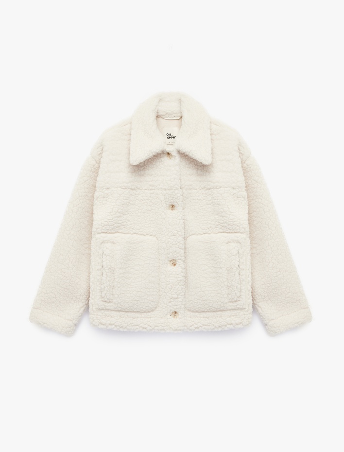  Düğmeli Uzun Kollu Cep Detaylı Klasik Yaka Peluş Ceket