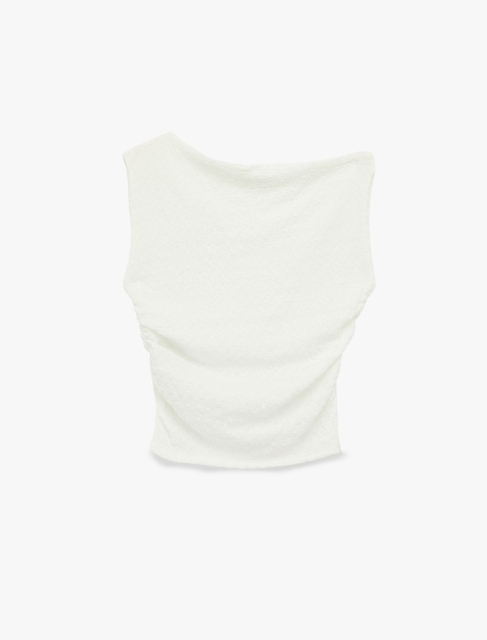  Asimetrik Yaka Kolsuz Slim Fit Drapeli Bluz