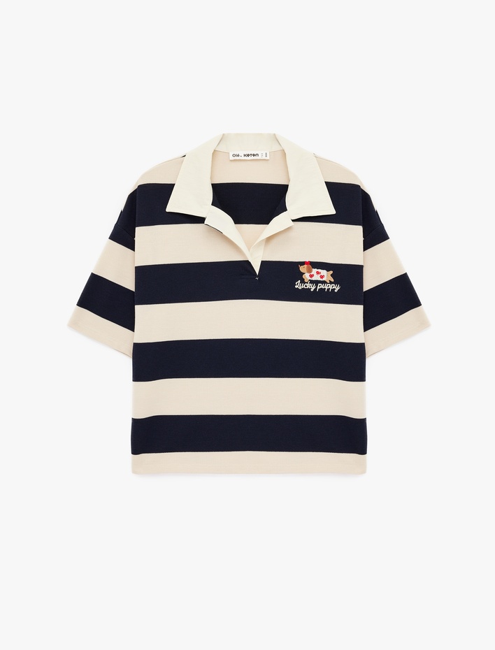  Nakışlı Kısa Kollu Oversize Polo Yaka Tişört