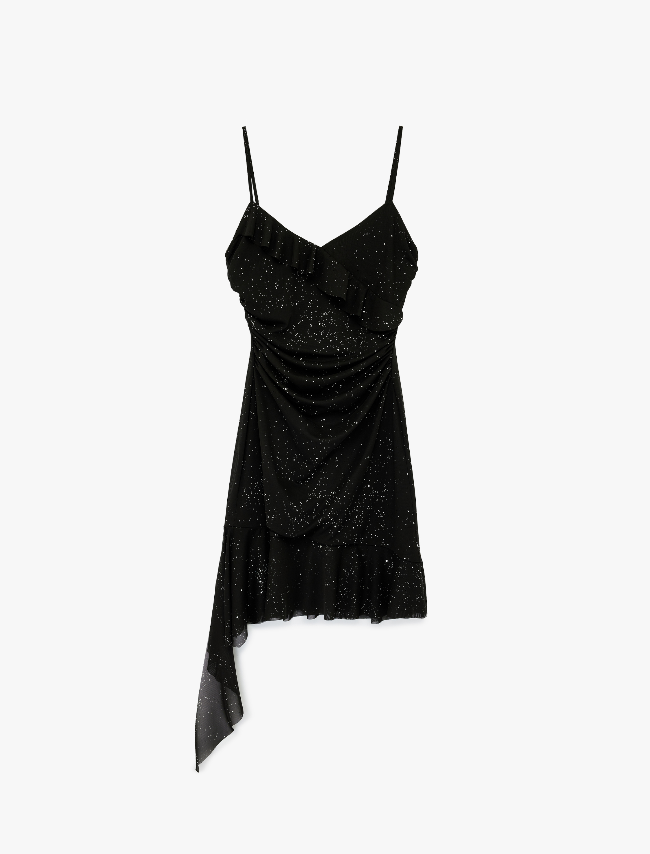   Asimetrik İp Askılı V Yaka Mini Taşlı Abiye Elbise