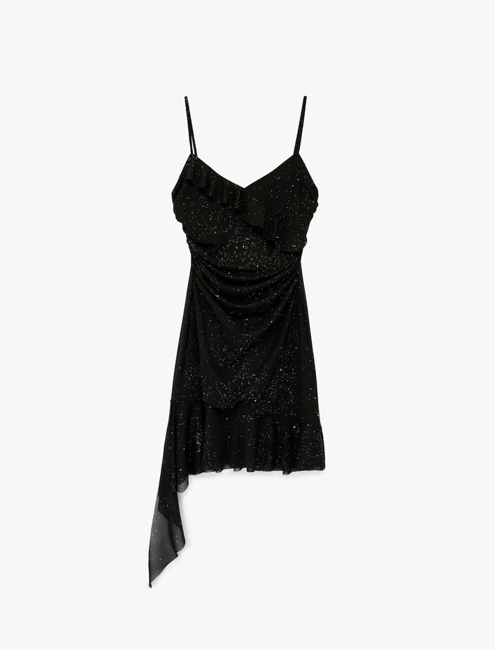  Asimetrik İp Askılı V Yaka Mini Taşlı Abiye Elbise