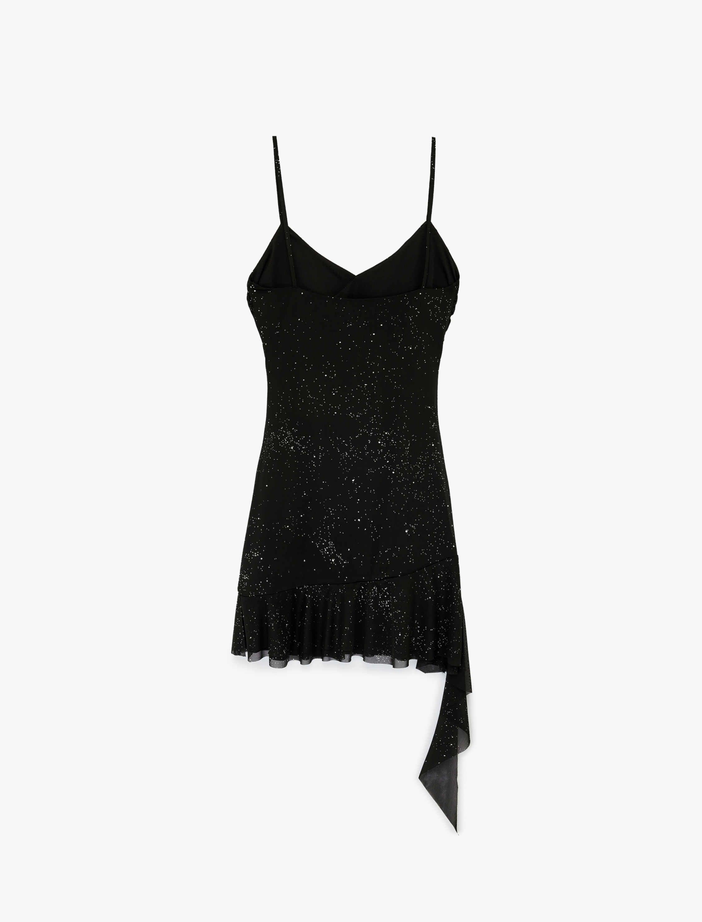   Asimetrik İp Askılı V Yaka Mini Taşlı Abiye Elbise