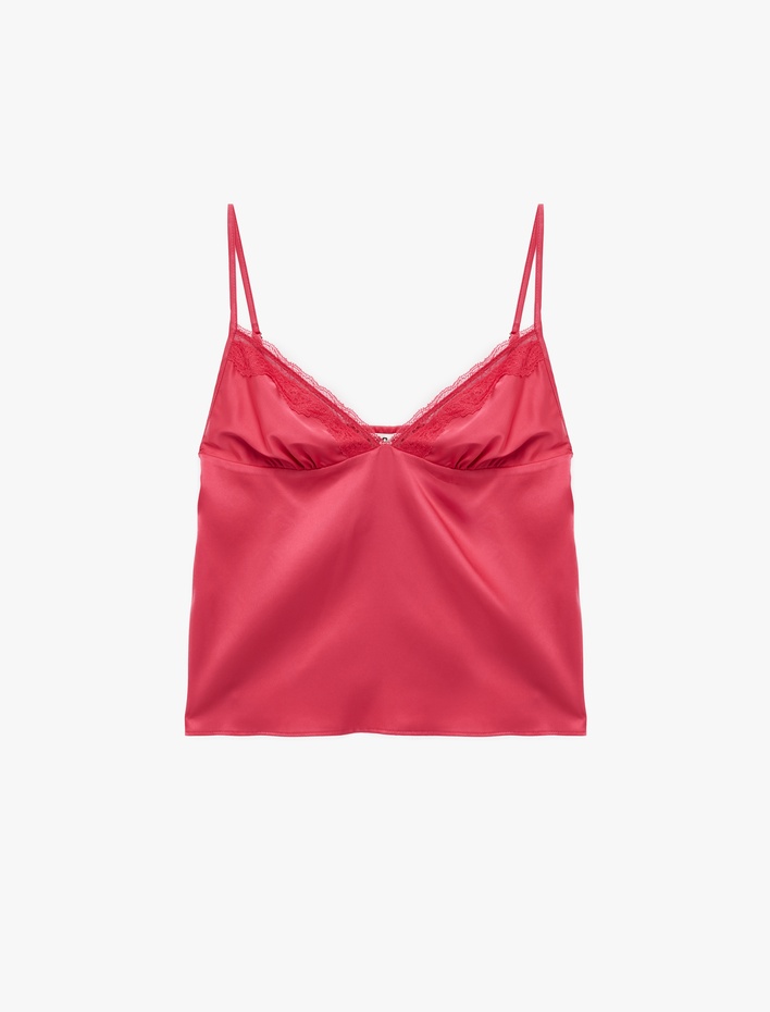  V Yaka Dantel Detaylı Kolsuz Rahat Kalıp Askılı Saten Pijama Üstü