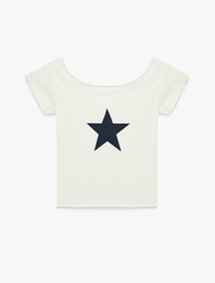 Pamuklu Omzu Açık Kısa Kollu Baskılı Tişört