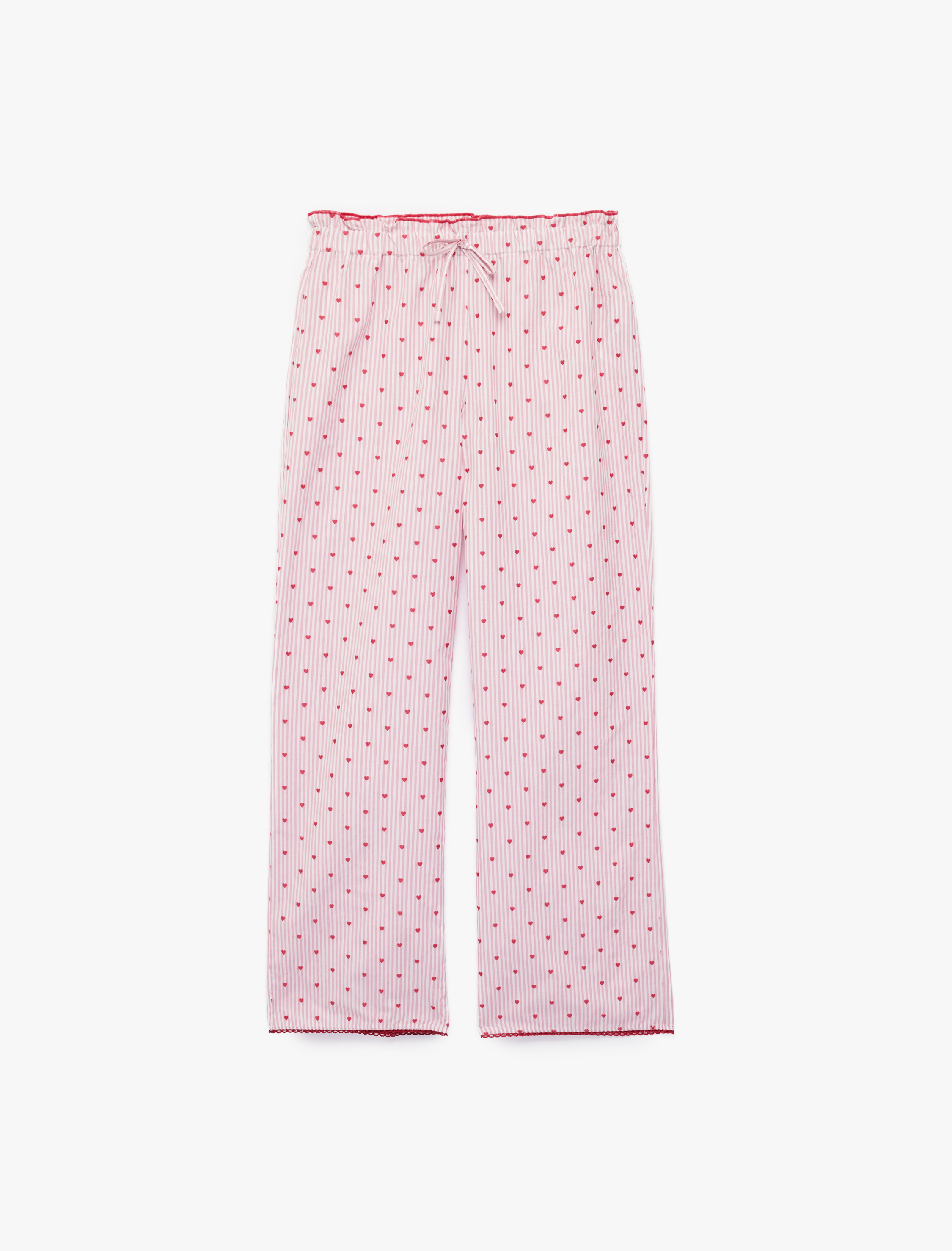   Rahat Kalıp Kalp Desenli Bağcık Detaylı Dokuma Poplin Pijama Altı