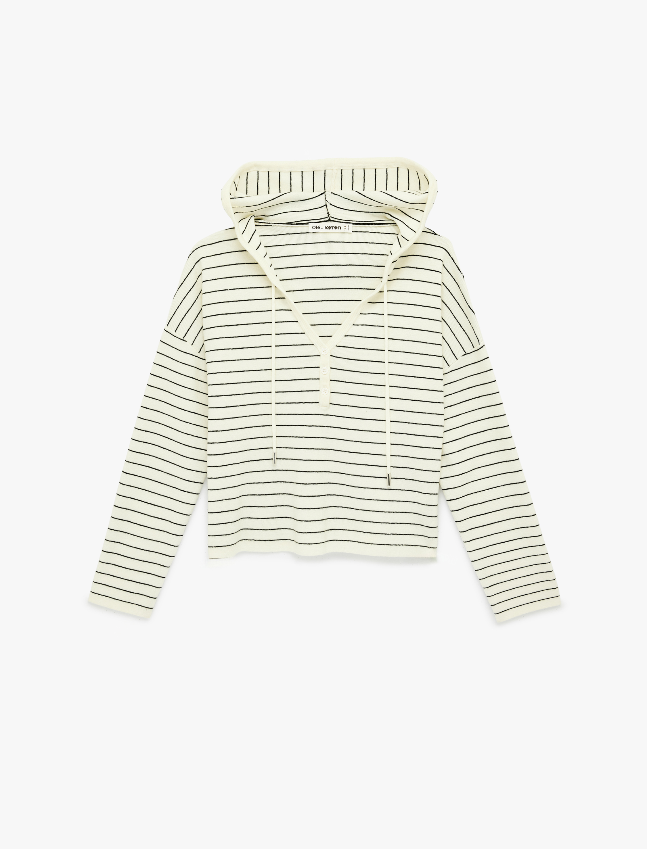   Koyun Yünü Karışımlı Düğmeli Uzun Kollu Kapüşonlu Sweatshirt