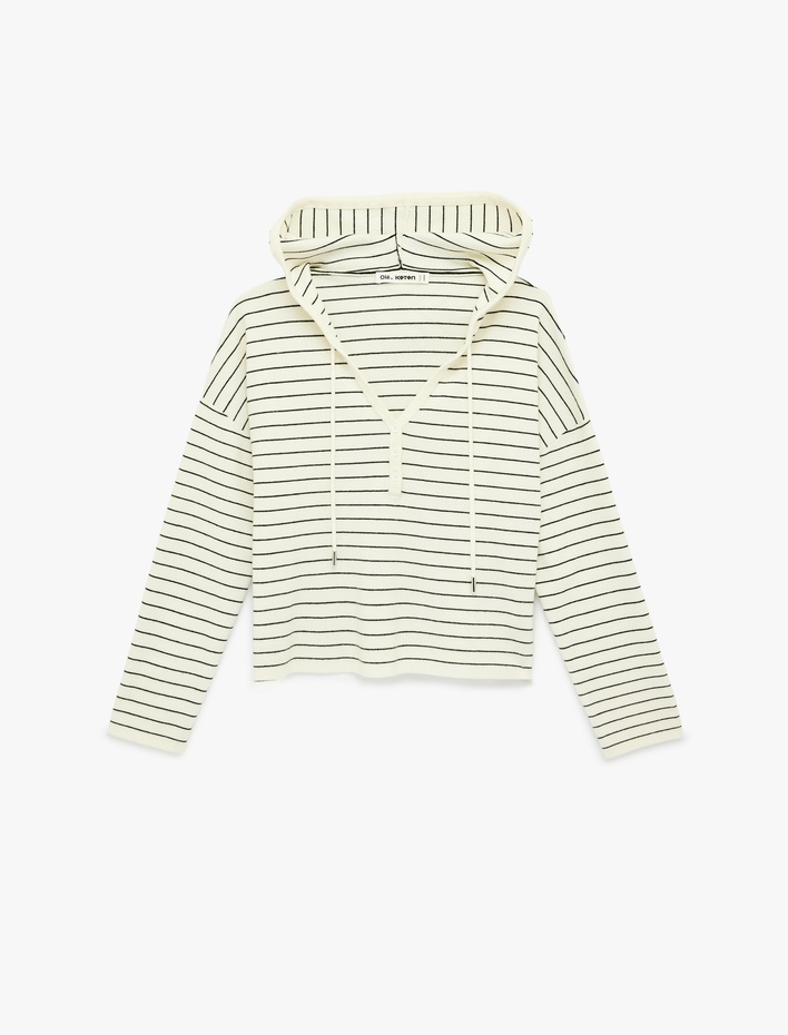  Koyun Yünü Karışımlı Düğmeli Uzun Kollu Kapüşonlu Sweatshirt