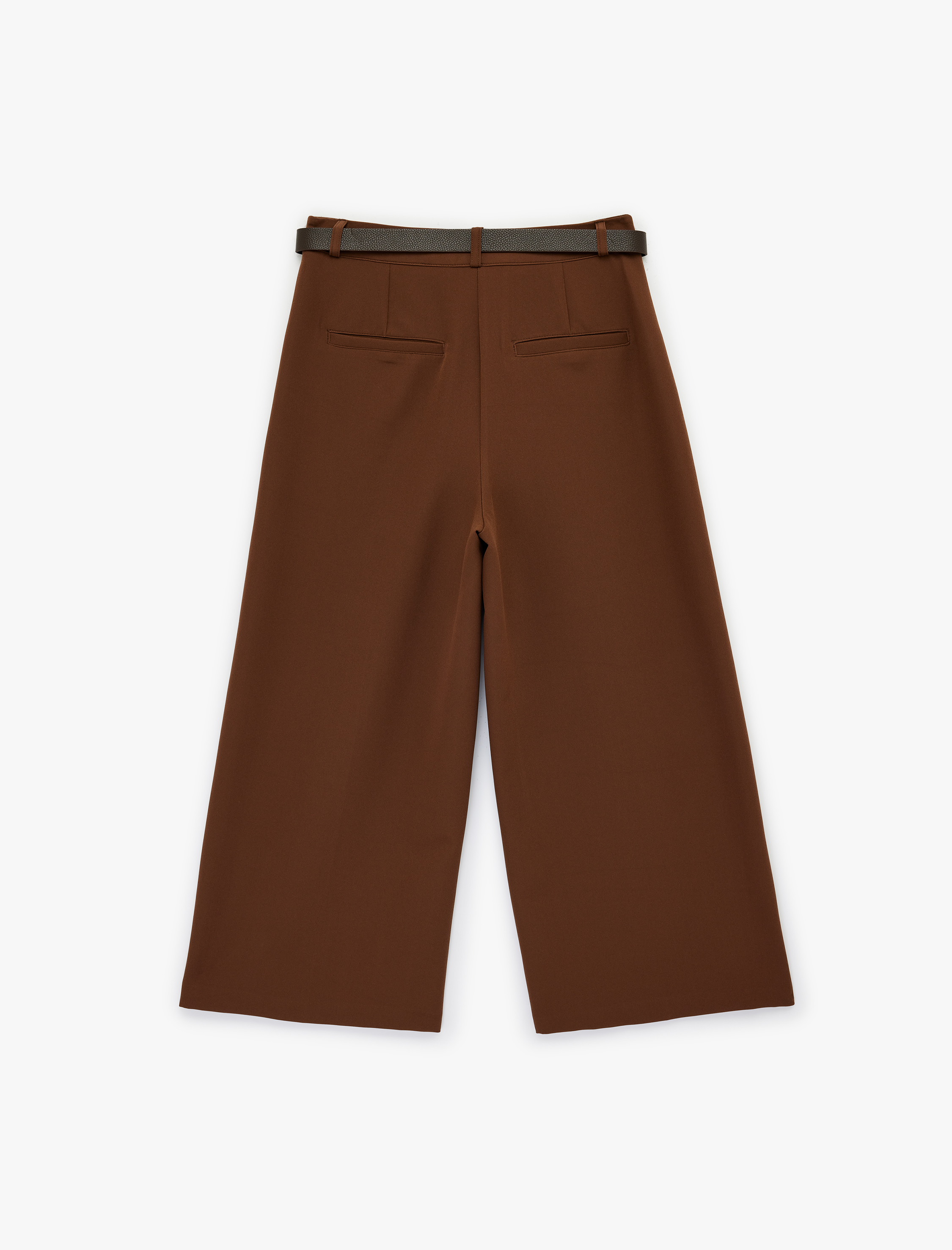   Aplike Cep Detaylı Geniş Paça Kemerli Kumaş Pantolon