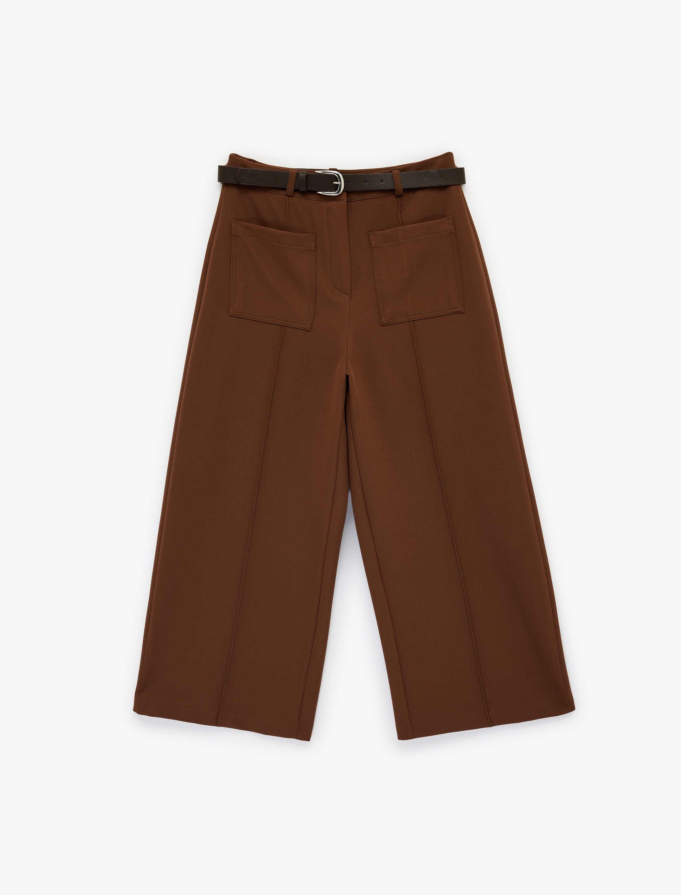   Aplike Cep Detaylı Geniş Paça Kemerli Kumaş Pantolon