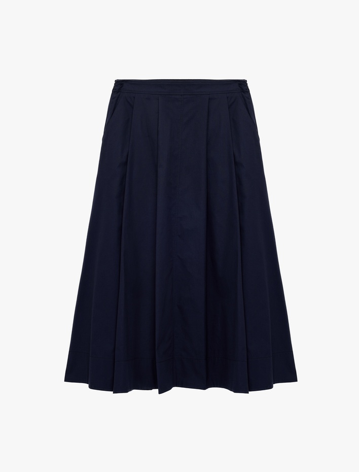  Pamuklu Cepli Pile Detaylı Çan Kesim Midi Poplin Etek