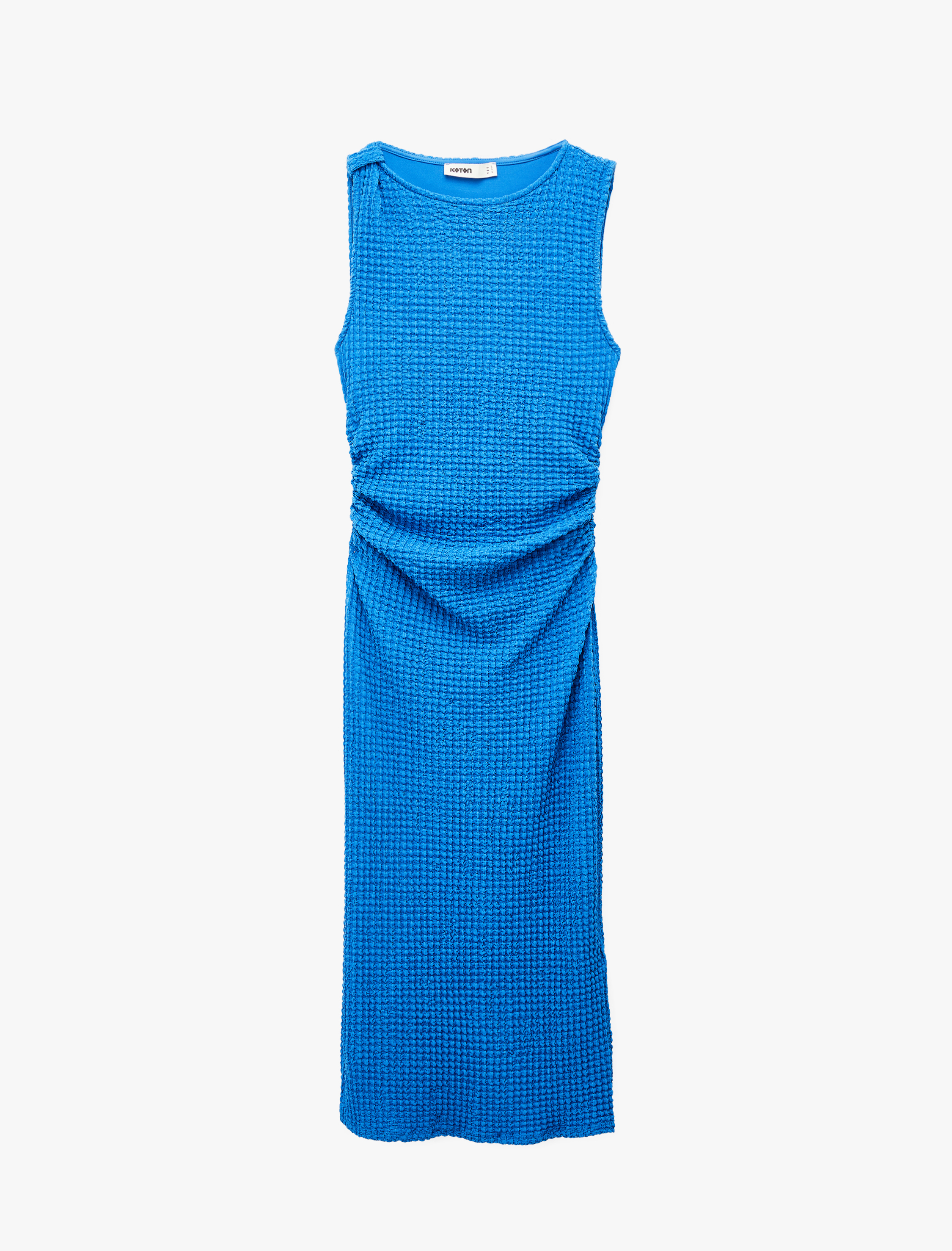   Bürümcük Kumaş Drapeli Kayık Yaka Kolsuz Slim Fit Uzun Kalem Elbise