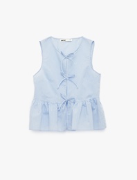 Bisiklet Yaka Önden Bağlama Detaylı Fiyonklu Çizgili Peplum Bluz