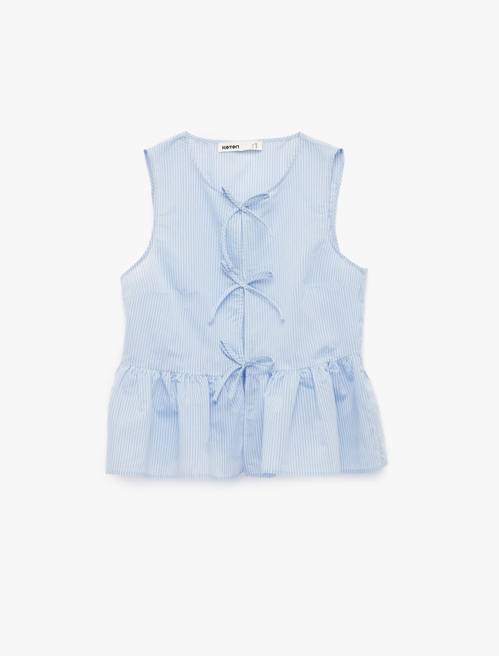  Bisiklet Yaka Önden Bağlama Detaylı Fiyonklu Çizgili Peplum Bluz