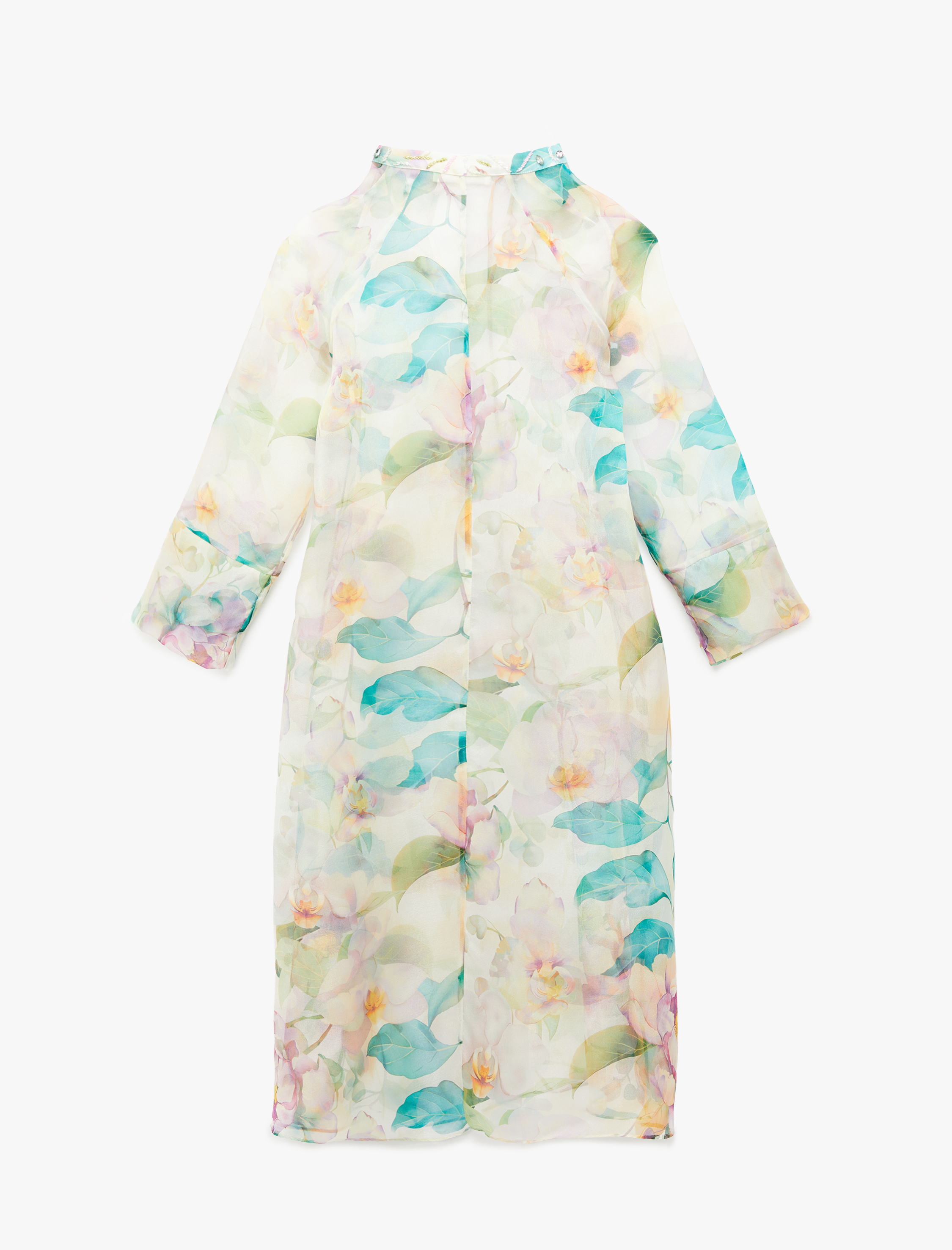   Uzun Kollu Dik Bağlama Detaylı Yaka Taşlı Çiçekli Oversize Şifon Elbise