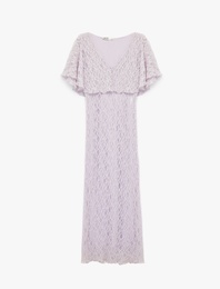 Slim Fit Pelerin Kol V Yaka Uzun Dantel Elbise