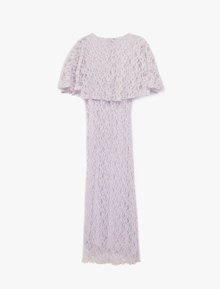  Slim Fit Pelerin Kol V Yaka Uzun Dantel Elbise