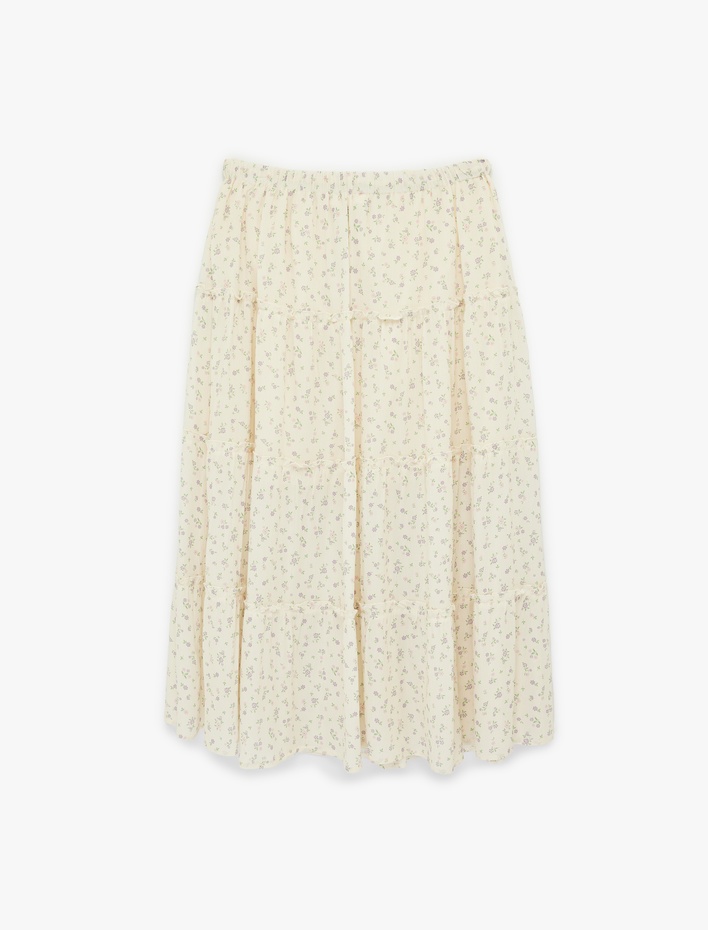  Çiçekli Beli Lastikli Viskon Uzun Etek