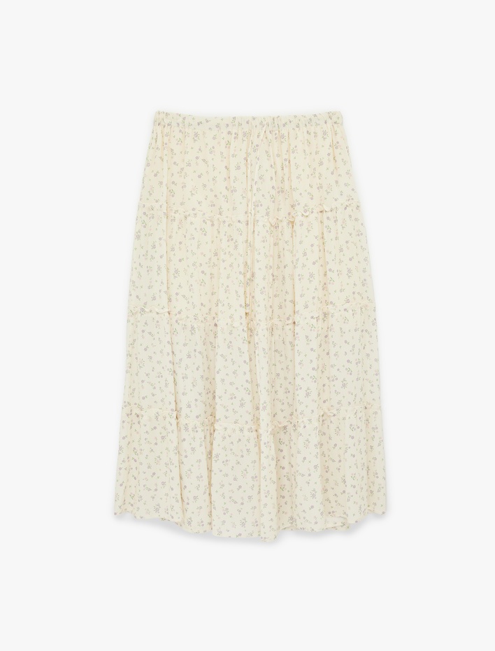  Çiçekli Beli Lastikli Viskon Uzun Etek