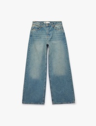 Rahat Kalıp Düz Paça Düğmeli Cepli Denim Pantolon - Loose Straight Fit Jean