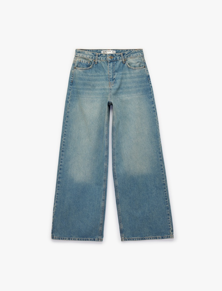  Rahat Kalıp Düz Paça Düğmeli Cepli Denim Pantolon - Loose Straight Fit Jean