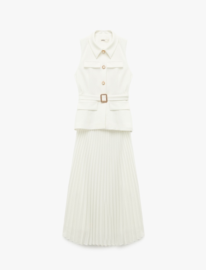  Krep Kumaş Slim Fit Düğmeli Kemerli Midi Boy Pileli Kolsuz Ceket Elbise