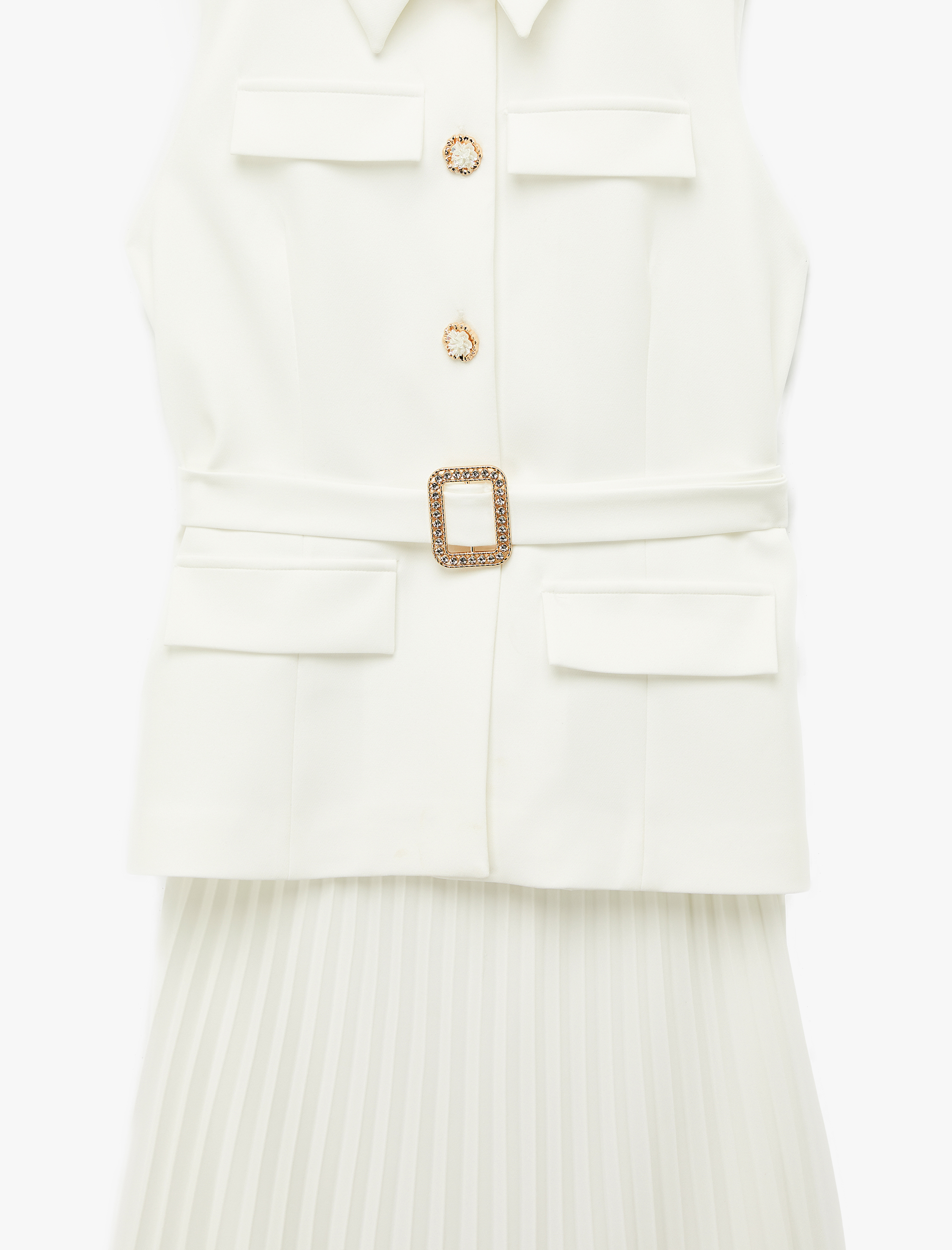   Krep Kumaş Slim Fit Düğmeli Kemerli Midi Boy Pileli Kolsuz Ceket Elbise