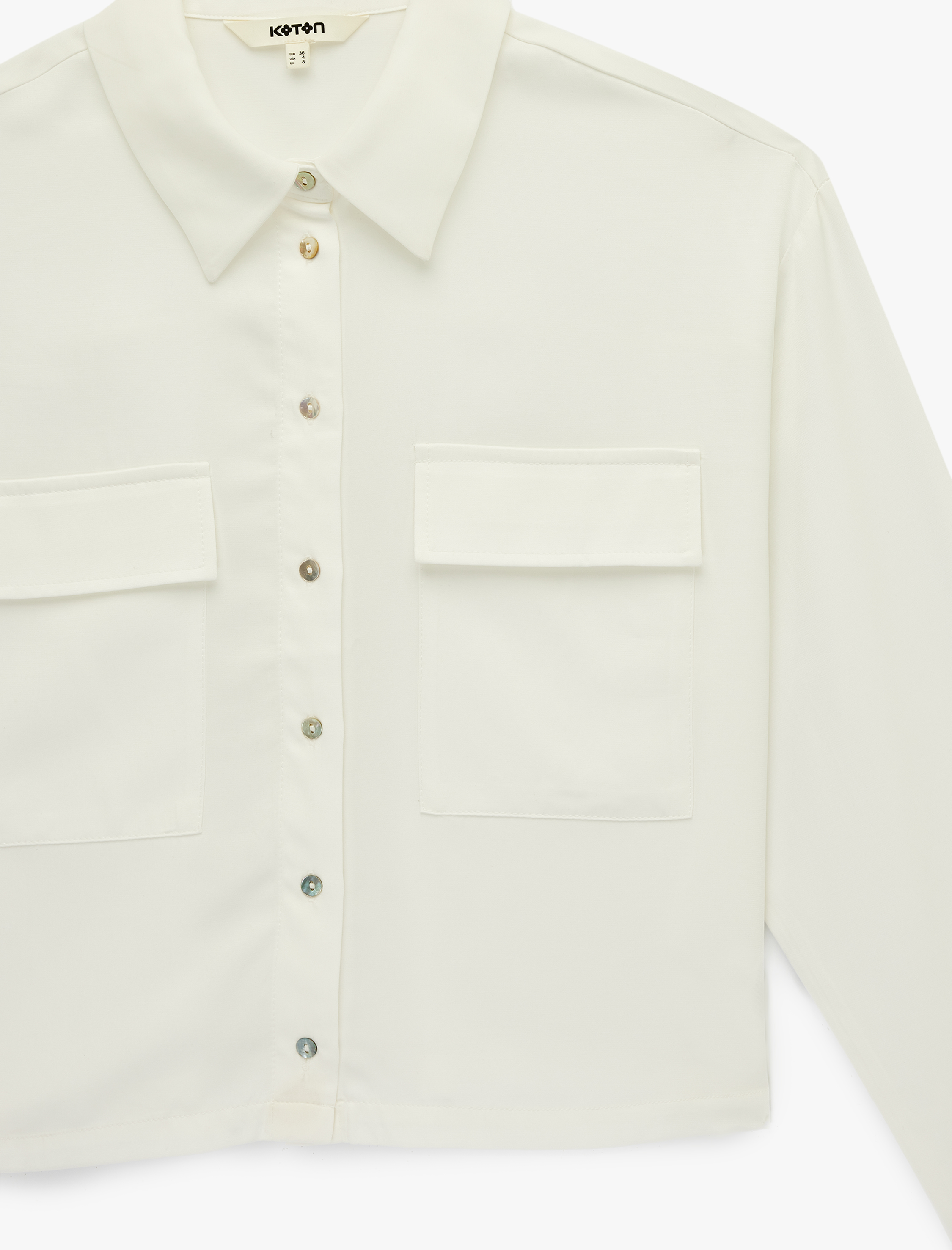   Regular Fit Uzun Kollu Kapaklı Cep Detaylı Saten Crop Gömlek