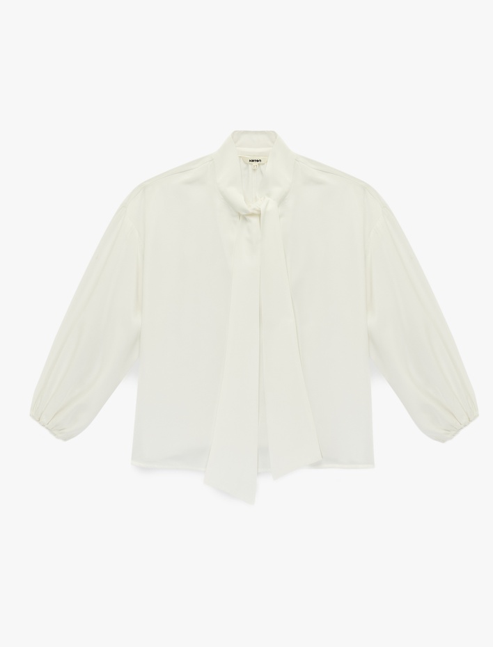  Regular Fit Uzun Balon Kollu Şal Yaka Saten Bluz