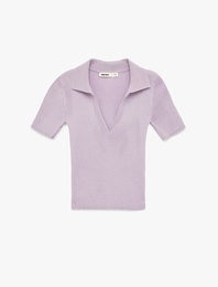 Slim Fit Kısa Kollu Parıltılı Polo V Yaka Triko Kazak