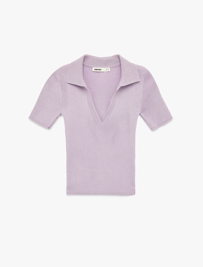  Slim Fit Kısa Kollu Parıltılı Polo V Yaka Triko Kazak