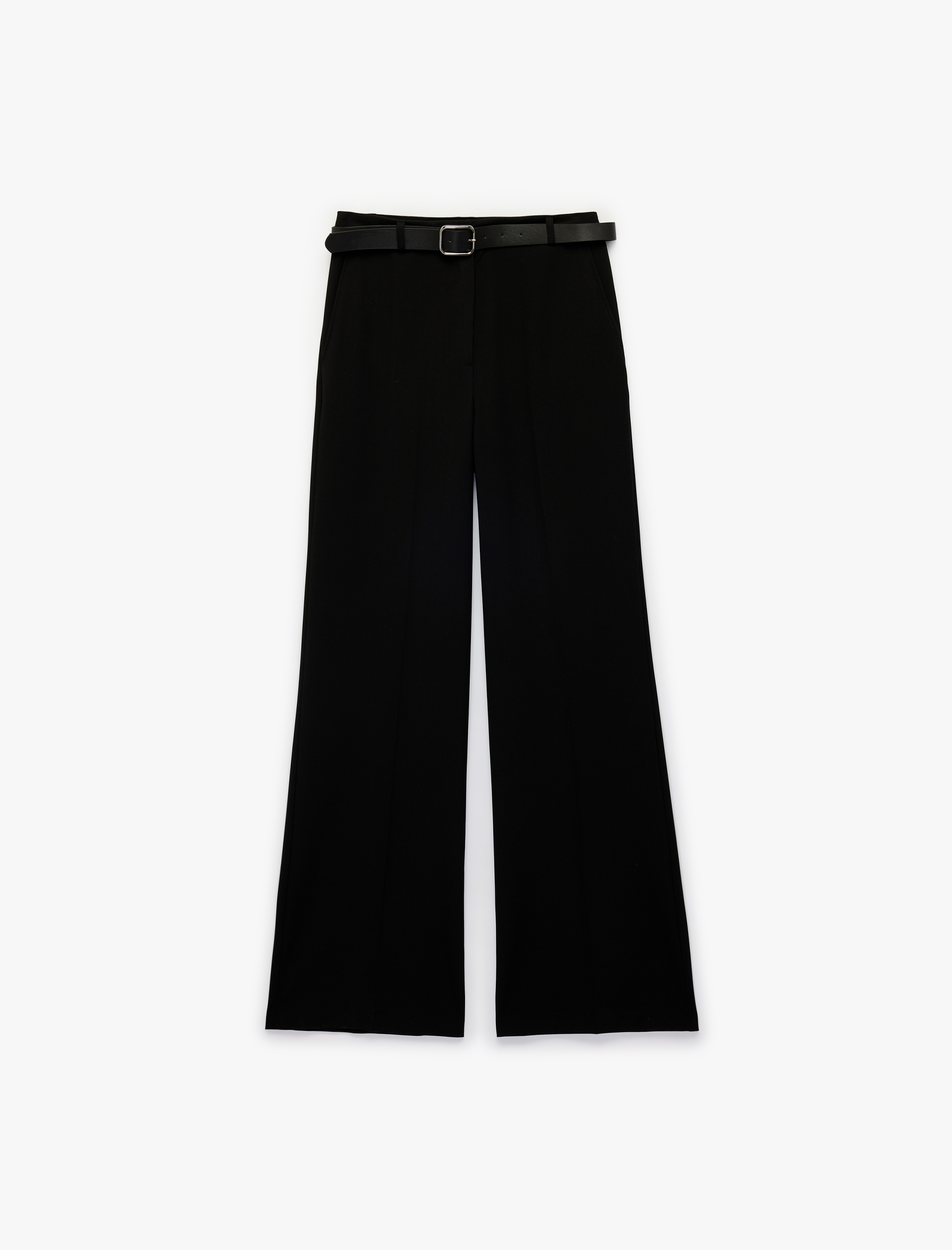   Straight Fit Cepli Düz Bol Paça Kemerli Kumaş Pantolon