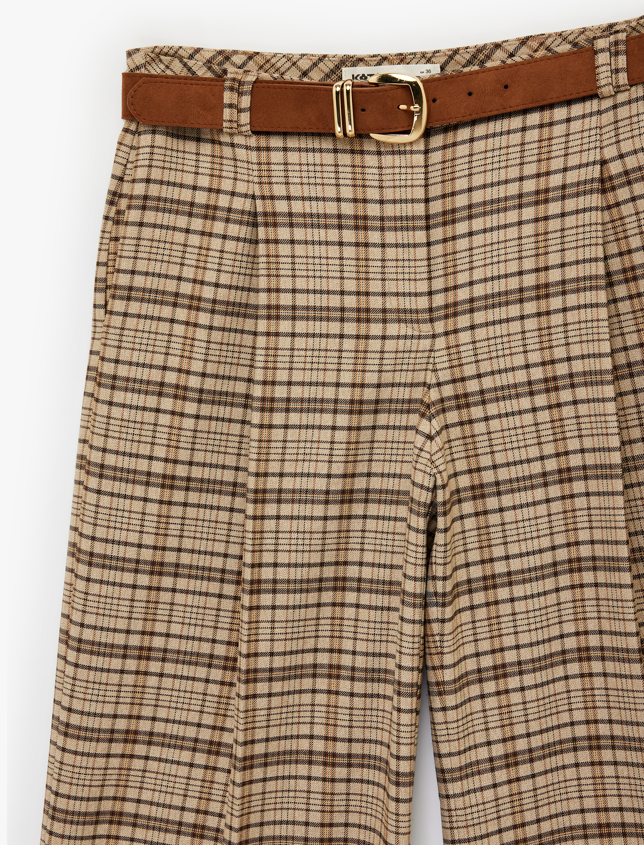   Cepli Pile Detaylı Kemerli Geniş Paça Ekose Pantolon