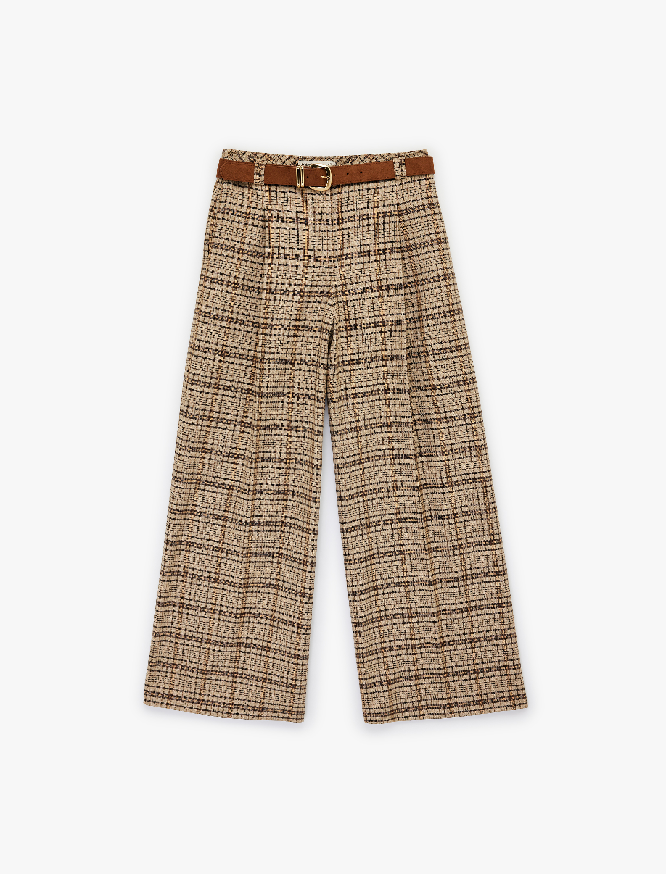   Cepli Pile Detaylı Kemerli Geniş Paça Ekose Pantolon