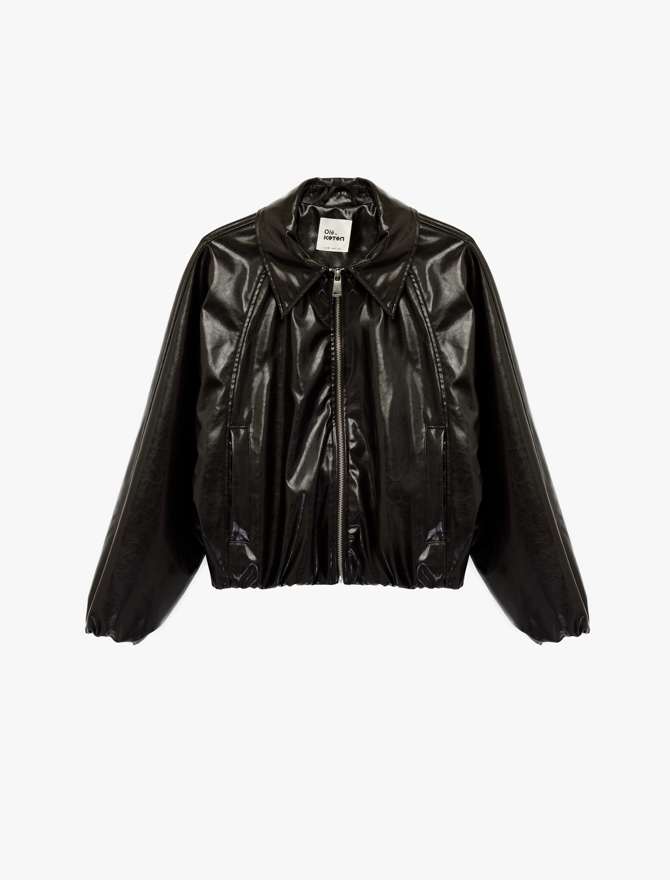   Fermuarlı Cep Detaylı Klasik Yaka Uzun Kollu Suni Deri Ceket