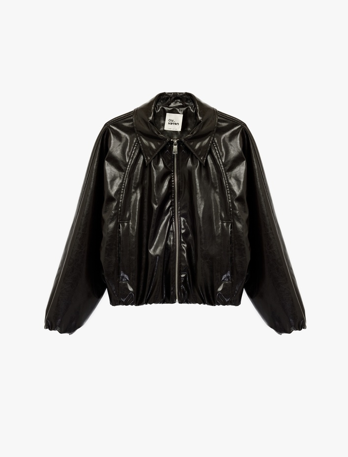  Fermuarlı Cep Detaylı Klasik Yaka Uzun Kollu Suni Deri Ceket