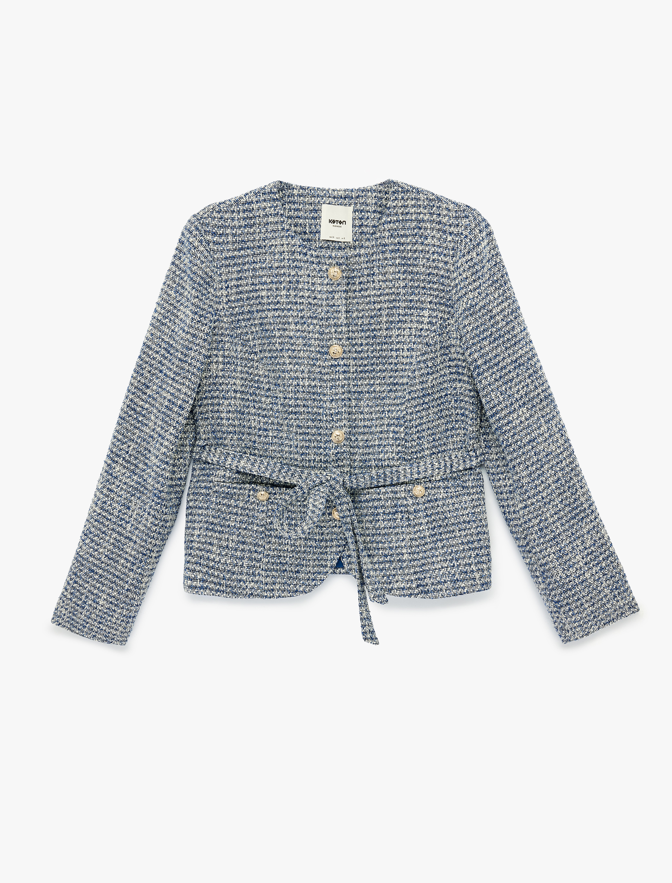   Uzun Kollu Bisiklet Yaka Kemer Detaylı Cepli Tüvit Ceket