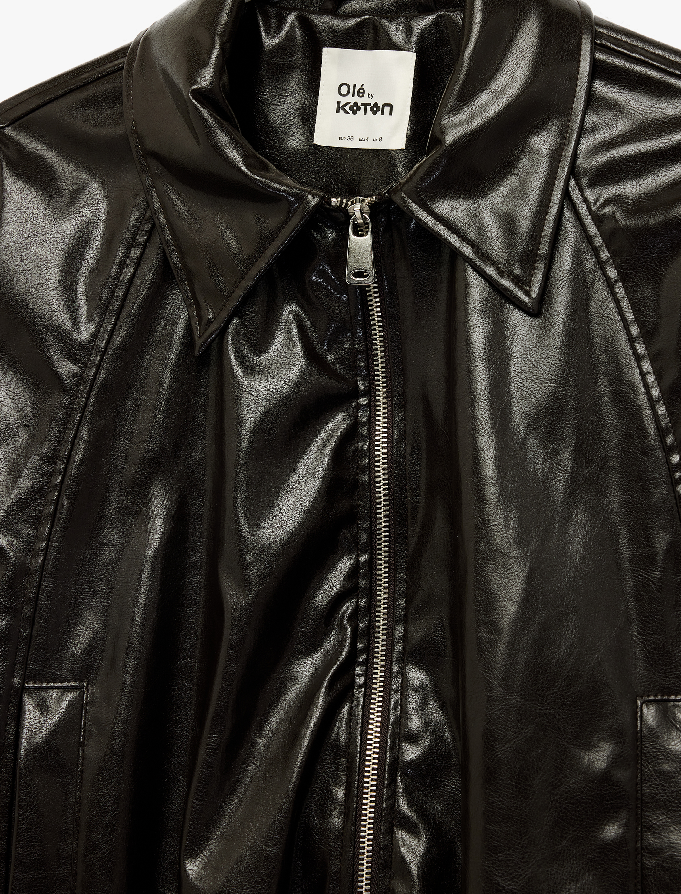   Fermuarlı Cep Detaylı Klasik Yaka Uzun Kollu Suni Deri Ceket