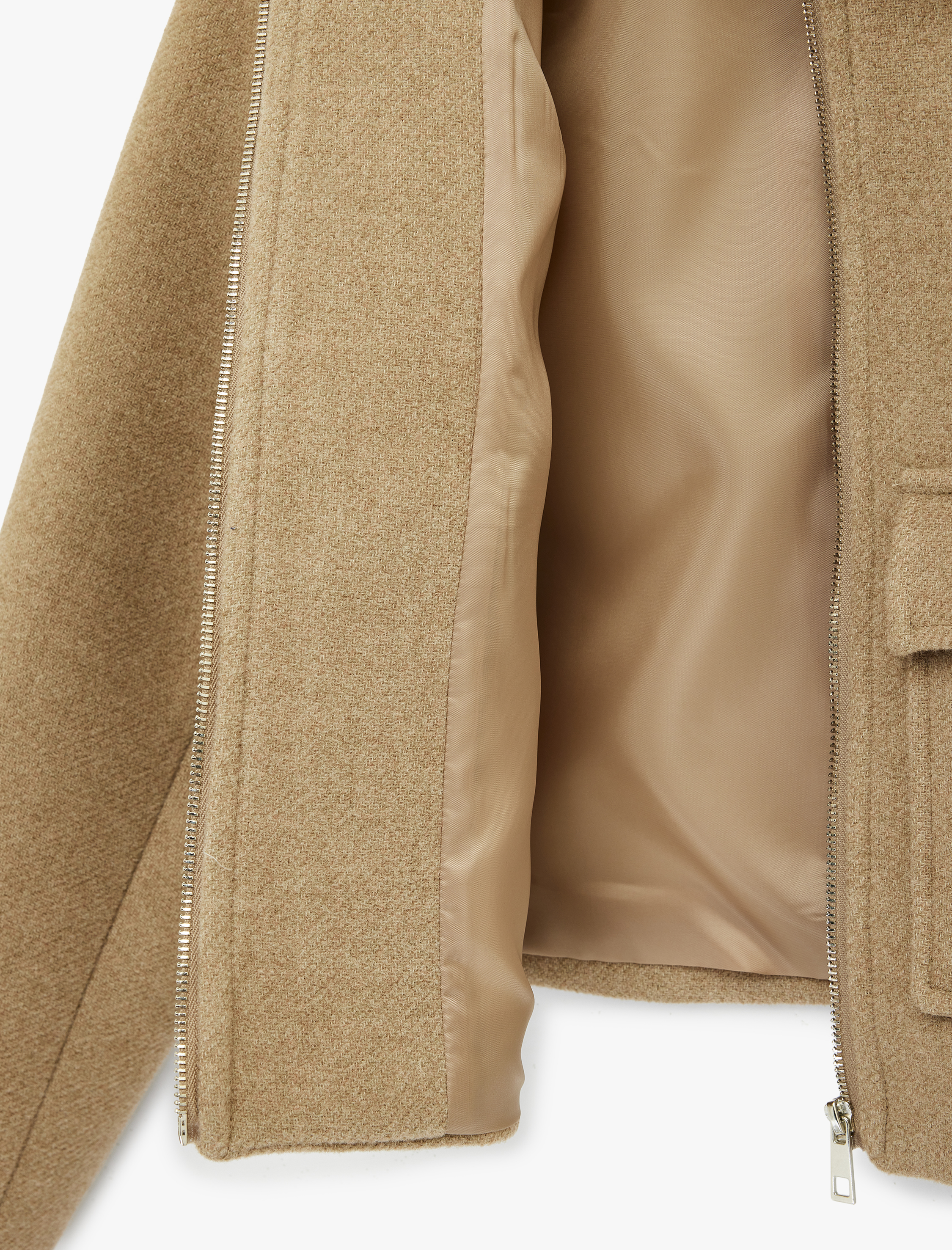   Fermuarlı Cepli Crop Kaşe Ceket